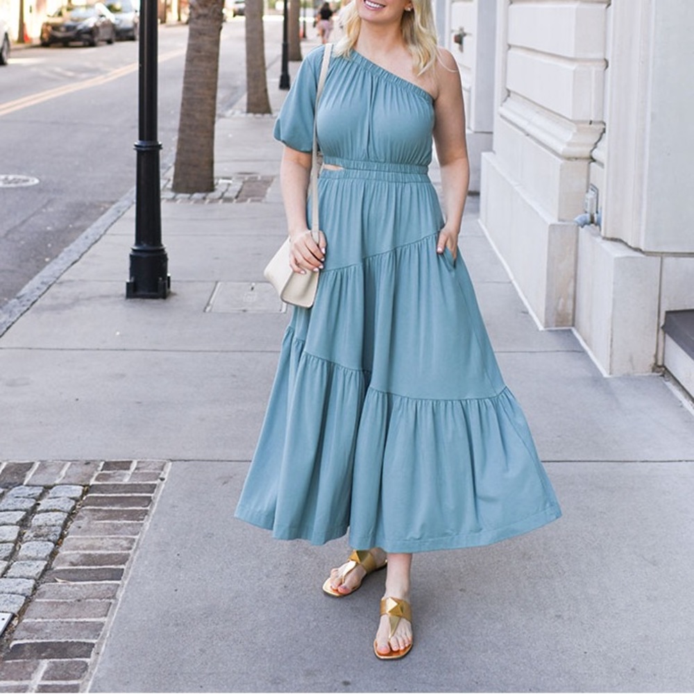 Cuyana Gathered One Shoulder Dress in Seafoam